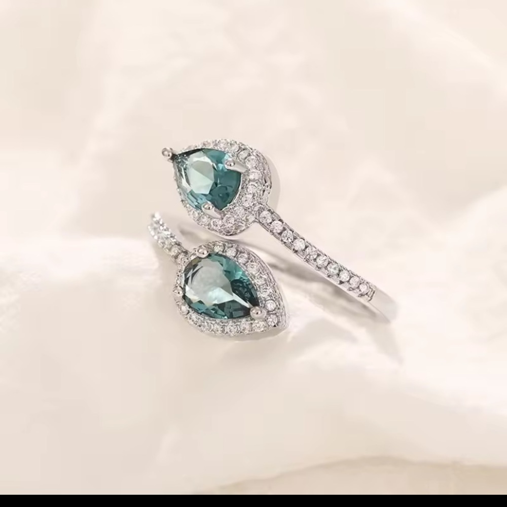 Teal Pear Halo Double-Teardrop Ring - Women's Silver Ring - Picture 6 of 9